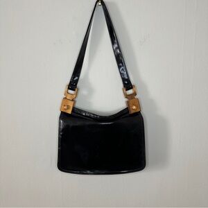 Vintage Meyers Black Patent Leather with Wood Details Shoulder Handbag